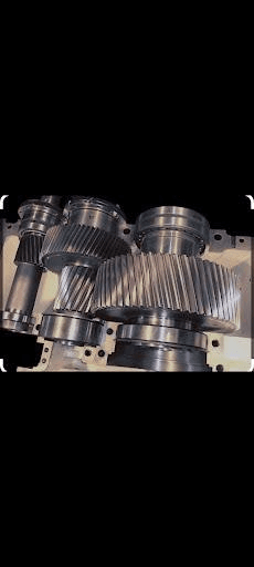 Multi-stage industrial gearbox close-up